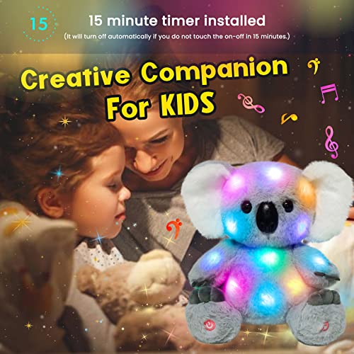 Hopearl LED Musical Koala Stuffed Animal Light up Singing Plush Toy Adjustable Volume Lullaby Animated Soothe Birthday Gifts for Kids Toddlers, Gray, 10.5''