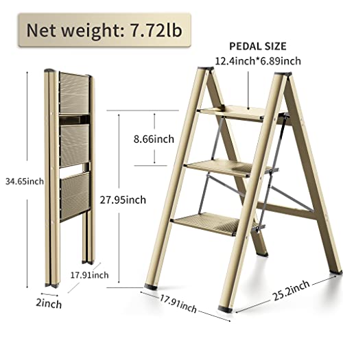 3 Step Ladder Aluminum Lightweight Folding Step Stool Wide Anti-Slip Pedal 330 Lbs Capacity Household Office Portable Stepladder,Champagne Gold