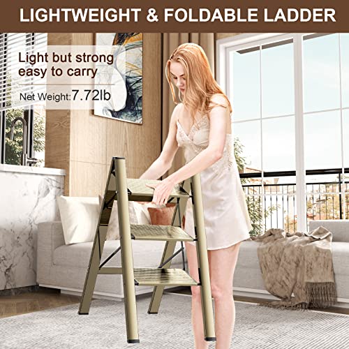 3 Step Ladder Aluminum Lightweight Folding Step Stool Wide Anti-Slip Pedal 330 Lbs Capacity Household Office Portable Stepladder,Champagne Gold