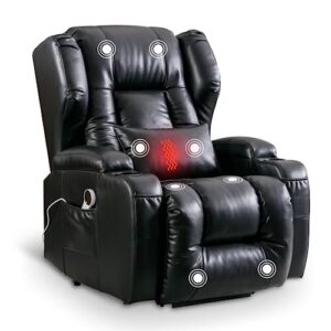 obbolly power lift recliner chair for elderly,pu leather heat massage chair recliner with 2 concealed cup holders for living room,soft lazy single sofa with lumbar pillow, side pockets, usb po (black)
