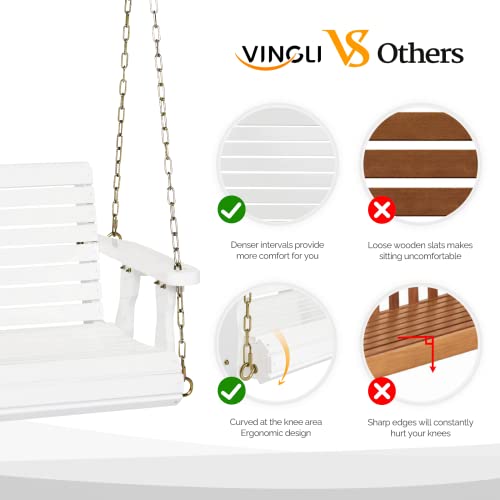 VINGLI Heavy Duty 440 LBS 1-Person Wooden Patio Porch Swing for Adults & Kids, Well-Finished Outdoor Single Swing Chair Bench with Adjustable Chains for Porch, Yard, Balcony, Tree (White)