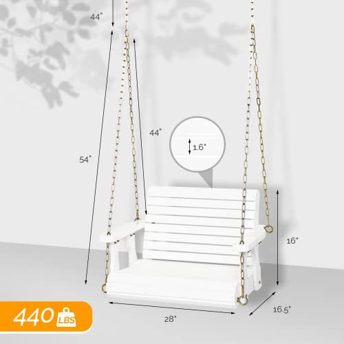 VINGLI Heavy Duty 440 LBS 1-Person Wooden Patio Porch Swing for Adults & Kids, Well-Finished Outdoor Single Swing Chair Bench with Adjustable Chains for Porch, Yard, Balcony, Tree (White)