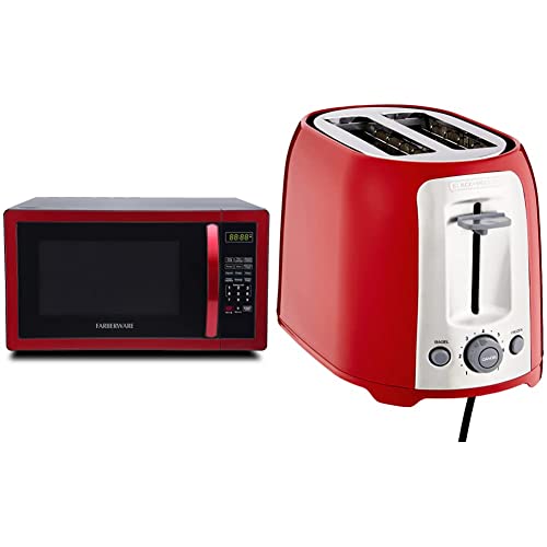 Farberware Classic FMO11AHTBKN 1.1 Cu. Ft. 1000-Watt Microwave Oven with LED Lighting, Metallic Red & BLACK+DECKER 2-Slice Toaster, Red, TR1278RM