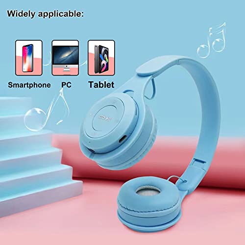 Kids Bluetooth Headphones, On-Ear Wireless Bluetooth 5.0 Headsets, Comfortable Protein Earpad & Folding Storage, Stereo Shock Bass Headphones with Mic for Learning Online Lessons Music Game (Blue)