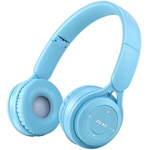 kids bluetooth headphones, on-ear wireless bluetooth 5.0 headsets, comfortable protein earpad & folding storage, stereo shock bass headphones with mic for learning online lessons music game (blue)