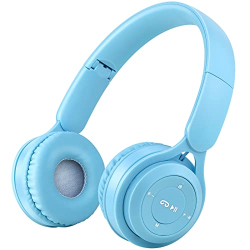 Kids Bluetooth Headphones, On-Ear Wireless Bluetooth 5.0 Headsets, Comfortable Protein Earpad & Folding Storage, Stereo Shock Bass Headphones with Mic for Learning Online Lessons Music Game (Blue)