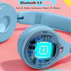 Kids Bluetooth Headphones, On-Ear Wireless Bluetooth 5.0 Headsets, Comfortable Protein Earpad & Folding Storage, Stereo Shock Bass Headphones with Mic for Learning Online Lessons Music Game (Blue)