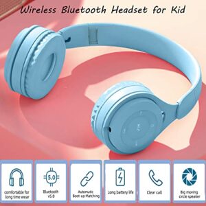 Kids Bluetooth Headphones, On-Ear Wireless Bluetooth 5.0 Headsets, Comfortable Protein Earpad & Folding Storage, Stereo Shock Bass Headphones with Mic for Learning Online Lessons Music Game (Blue)