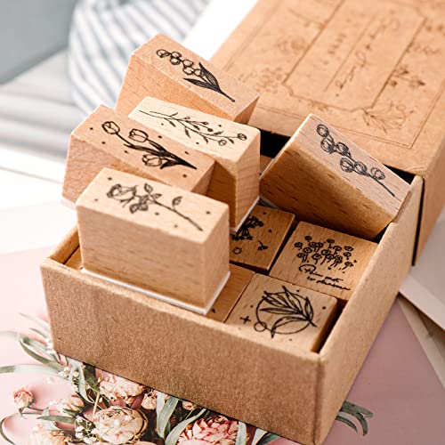 Wooden Plant Patterns Rubber Stamp - Plant and Flower Decorative Wooden Rubber Stamp Set for DIY Craft Card Scrapbooking Supplies Photo Album, Hand Book, Planner, Scrapbooking, 12Pcs