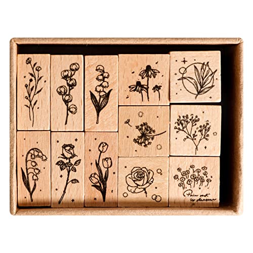 Wooden Plant Patterns Rubber Stamp - Plant and Flower Decorative Wooden Rubber Stamp Set for DIY Craft Card Scrapbooking Supplies Photo Album, Hand Book, Planner, Scrapbooking, 12Pcs