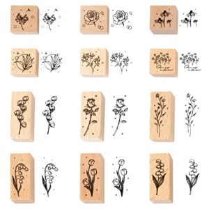 wooden plant patterns rubber stamp - plant and flower decorative wooden rubber stamp set for diy craft card scrapbooking supplies photo album, hand book, planner, scrapbooking, 12pcs