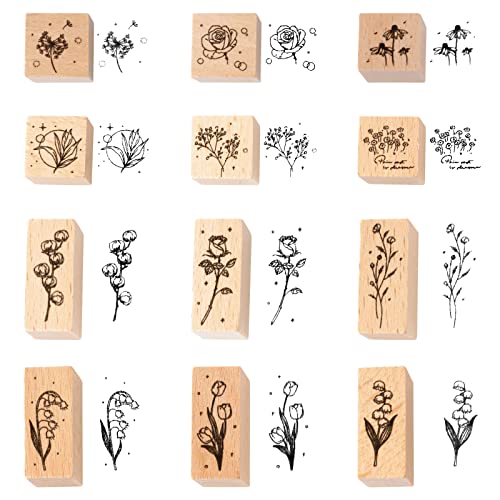 Wooden Plant Patterns Rubber Stamp - Plant and Flower Decorative Wooden Rubber Stamp Set for DIY Craft Card Scrapbooking Supplies Photo Album, Hand Book, Planner, Scrapbooking, 12Pcs