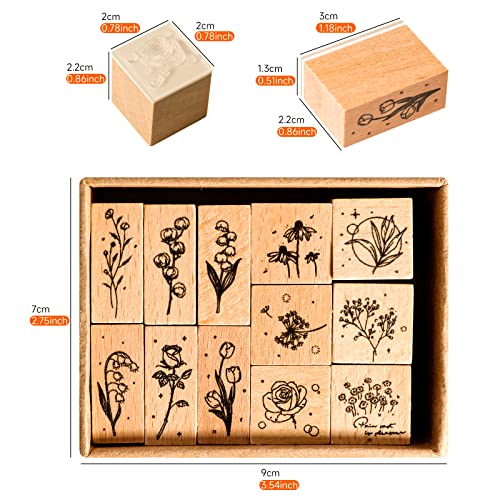 Wooden Plant Patterns Rubber Stamp - Plant and Flower Decorative Wooden Rubber Stamp Set for DIY Craft Card Scrapbooking Supplies Photo Album, Hand Book, Planner, Scrapbooking, 12Pcs