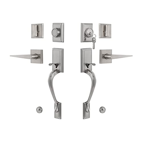 Natsukage Front Door Handle Double Door Lock Set Satin Nickel Entrance Handle Set with Dummy Heavy-Duty Adjustable Handle Sets with Deadbolt and Lever Handle Reversible for Right & Left Handed