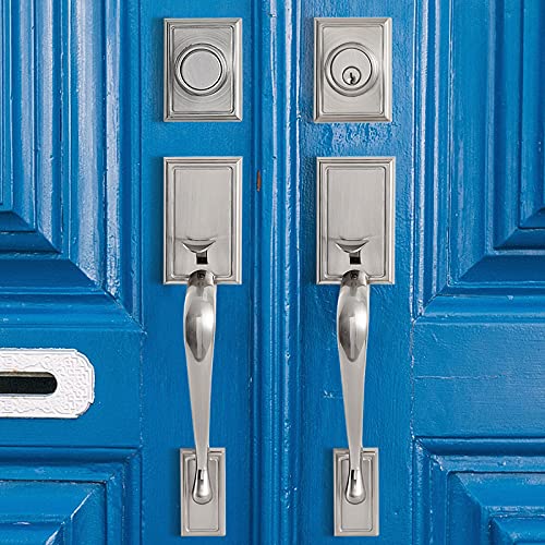 Natsukage Front Door Handle Double Door Lock Set Satin Nickel Entrance Handle Set with Dummy Heavy-Duty Adjustable Handle Sets with Deadbolt and Lever Handle Reversible for Right & Left Handed