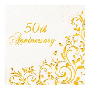 crisky gold foil 50th anniversary cocktail napkins for golden wedding party decoration, 3-ply disposable beverage dessert napkins, 50 counts