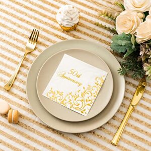 Crisky Gold Foil 50th Anniversary Cocktail Napkins for Golden Wedding Party Decoration, 3-Ply Disposable Beverage Dessert Napkins, 50 Counts