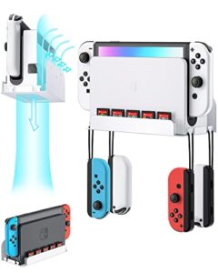zaonool wall mount for nintendo switch and switch oled, metal wall mount kit shelf stand accessories with 5 game card holders and 4 joy con hanger, safely store switch console near or behind tv, white