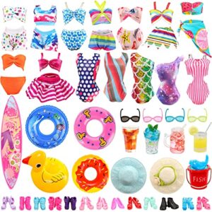 enocht 31 pcs doll swimwear clothes and accessories including 10 bikini swimsuit, 2 swimming ring, 1 surf skateboard, 1 drink, 1 bucket,2 hat and 10 pcs shoes for 11.5 inch doll