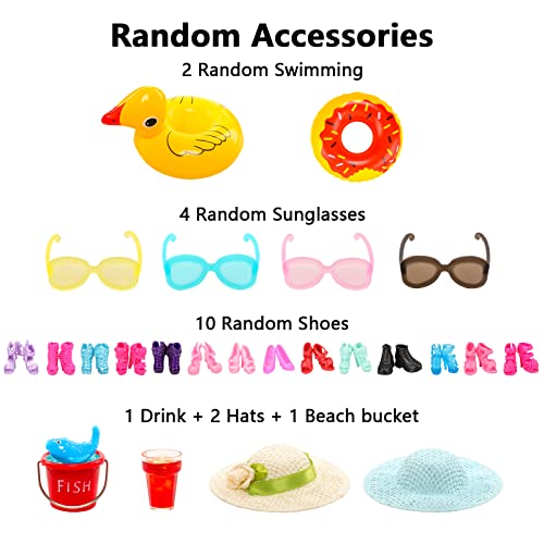 ENOCHT 31 Pcs Doll Swimwear Clothes and Accessories Including 10 Bikini Swimsuit, 2 Swimming Ring, 1 Surf Skateboard, 1 Drink, 1 Bucket,2 Hat and 10 pcs Shoes for 11.5 inch Doll