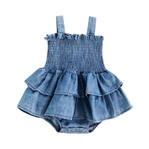 baby girl denim rompers sleeveless suspender pleated ruffle hem bottom snap jumpsuits dress clothes (blue, 0-3 months)
