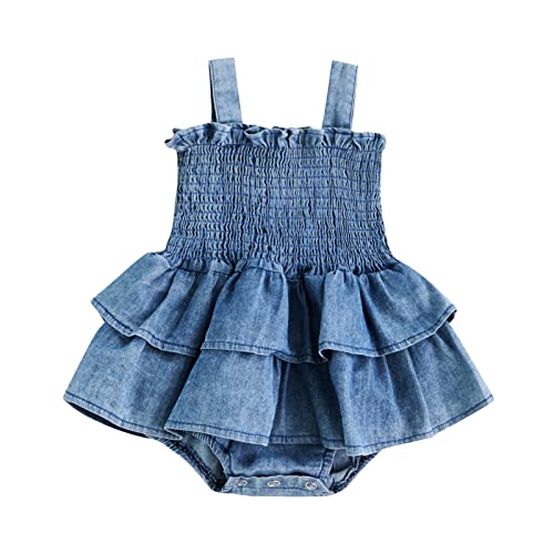 Baby Girl Denim Rompers Sleeveless Suspender Pleated Ruffle Hem Bottom Snap Jumpsuits Dress Clothes (Blue, 0-3 Months)