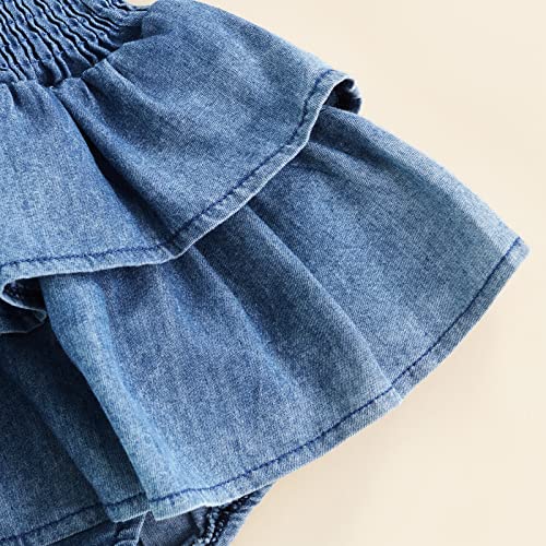 Baby Girl Denim Rompers Sleeveless Suspender Pleated Ruffle Hem Bottom Snap Jumpsuits Dress Clothes (Blue, 0-3 Months)