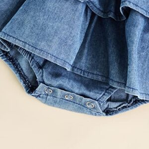 Baby Girl Denim Rompers Sleeveless Suspender Pleated Ruffle Hem Bottom Snap Jumpsuits Dress Clothes (Blue, 0-3 Months)