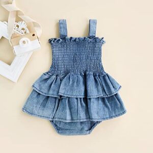 Baby Girl Denim Rompers Sleeveless Suspender Pleated Ruffle Hem Bottom Snap Jumpsuits Dress Clothes (Blue, 0-3 Months)