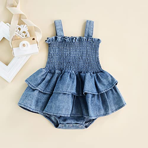 Baby Girl Denim Rompers Sleeveless Suspender Pleated Ruffle Hem Bottom Snap Jumpsuits Dress Clothes (Blue, 0-3 Months)