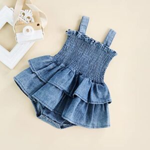 Baby Girl Denim Rompers Sleeveless Suspender Pleated Ruffle Hem Bottom Snap Jumpsuits Dress Clothes (Blue, 0-3 Months)