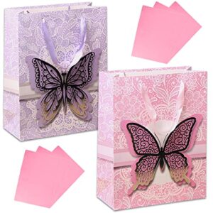 ruifyray 12.6" large butterfly gift bag 2 pack, with handle and tissue paper, for anniversary/valentines day/birthday party/bridal shower decoration/wedding favors/christmas holiday & new year gift (pink + purple)