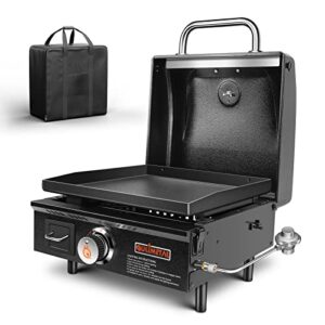 QuliMetal Table Top Grill Portable Griddle with Hood Non-Stick Flat Top Grill Griddle Propane Grill with Carry Bag 17 Inch,15,000 BTU,268 Sq,304 Stainless Steel Burner,Ceramic Coating for Outdoor Camping Party Tailgating