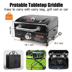 QuliMetal Table Top Grill Portable Griddle with Hood Non-Stick Flat Top Grill Griddle Propane Grill with Carry Bag 17 Inch,15,000 BTU,268 Sq,304 Stainless Steel Burner,Ceramic Coating for Outdoor Camping Party Tailgating