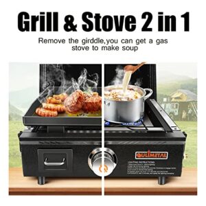 QuliMetal Table Top Grill Portable Griddle with Hood Non-Stick Flat Top Grill Griddle Propane Grill with Carry Bag 17 Inch,15,000 BTU,268 Sq,304 Stainless Steel Burner,Ceramic Coating for Outdoor Camping Party Tailgating