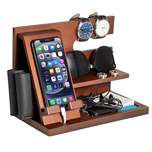 Gifts for Men Wood Phone Docking Station Key Wallet Stand Watch Organizer Men Father Husband Wife Male Idea Gadgets Bedside Organiser Anniversary Birthday Gifts for Him Boyfriend Husband Gifts for Dad