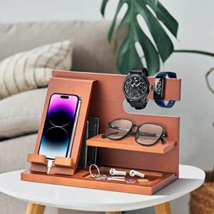 Gifts for Men Wood Phone Docking Station Key Wallet Stand Watch Organizer Men Father Husband Wife Male Idea Gadgets Bedside Organiser Anniversary Birthday Gifts for Him Boyfriend Husband Gifts for Dad