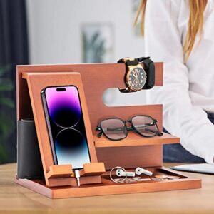 Gifts for Men Wood Phone Docking Station Key Wallet Stand Watch Organizer Men Father Husband Wife Male Idea Gadgets Bedside Organiser Anniversary Birthday Gifts for Him Boyfriend Husband Gifts for Dad