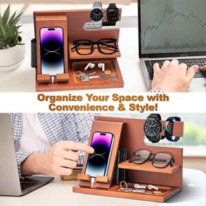 Gifts for Men Wood Phone Docking Station Key Wallet Stand Watch Organizer Men Father Husband Wife Male Idea Gadgets Bedside Organiser Anniversary Birthday Gifts for Him Boyfriend Husband Gifts for Dad