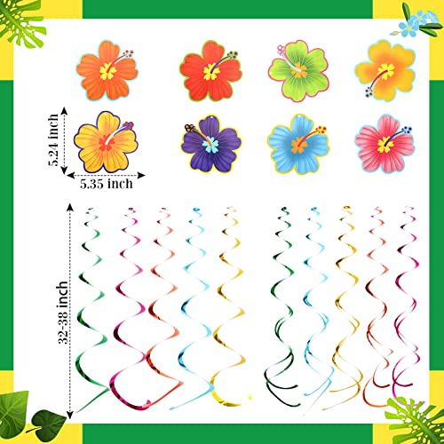 30 Pcs Hawaiian Luau Party Hanging Swirls Tropical Hibiscus Swirls Flower Foil Swirl Ceiling Decorations Hawaiian Party Accessories for Tiki Cocktail Pool Beach Summer Luau Birthday Party Supplies