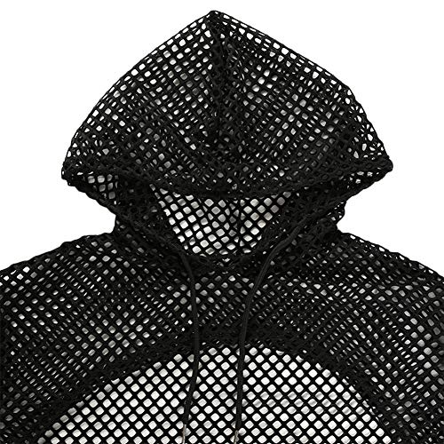 SIQITECHNO Womens Mesh Fishnet Long Sleeve Hoodie Drawstring Pullover Crop Top Hoodie Hollow Out Long Sleeve Pullover Crop Top Sweatshirt Black