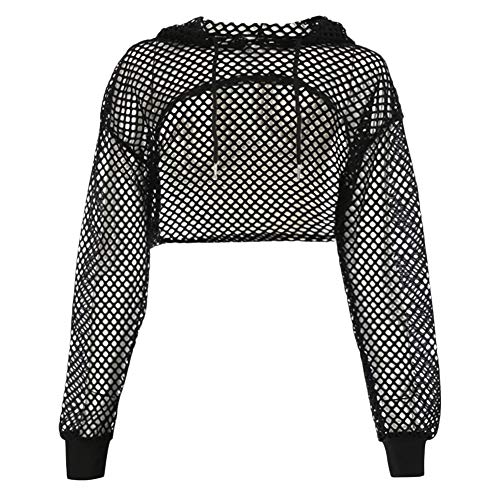 SIQITECHNO Womens Mesh Fishnet Long Sleeve Hoodie Drawstring Pullover Crop Top Hoodie Hollow Out Long Sleeve Pullover Crop Top Sweatshirt Black