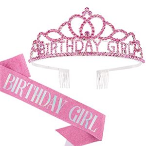 aoprie birthday crown for women birthday girl sash for women birthday tiara for women birthday girl headband princess crown rhinestone happy birthday accessories pink
