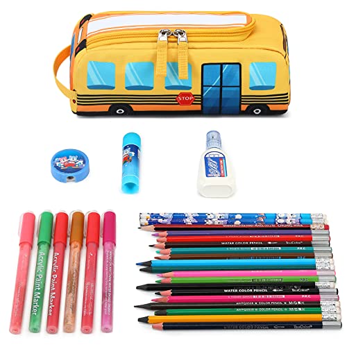 LEDAOU Cute Pencil Case for Kids Girls Boys Pencil Pouch kawaii Pen Pencil Box Bag Holder for School Students (Yellow School Bus)