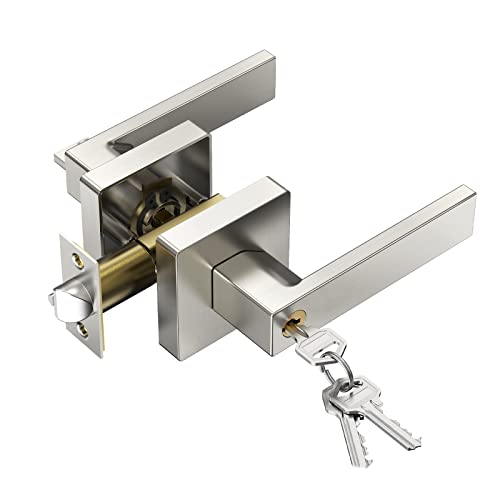 Roughshi Keyed Entry Lever, Door Lever Square Modern Exterior Lockset, Satin Nickel Finish Front Door Handle with Lock, Interior Door