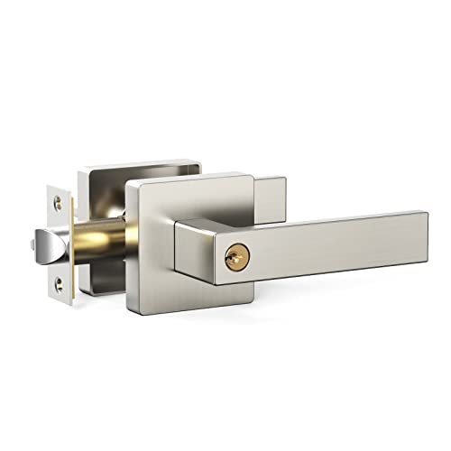 Roughshi Keyed Entry Lever, Door Lever Square Modern Exterior Lockset, Satin Nickel Finish Front Door Handle with Lock, Interior Door