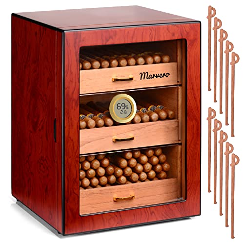 Marvero Handcrafted Cigar Humidors Box, Cedar Wood Cigar Humidor for 150 Cigars with Digital Hygrometer, 3 Large Drawers, 3 Humidifiers and 10 Cedar Wood Spills. Gift for Men and Aficionados