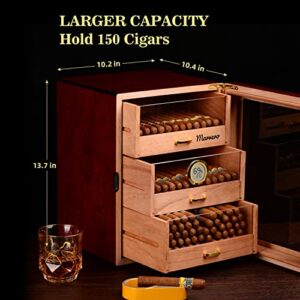 Marvero Handcrafted Cigar Humidors Box, Cedar Wood Cigar Humidor for 150 Cigars with Digital Hygrometer, 3 Large Drawers, 3 Humidifiers and 10 Cedar Wood Spills. Gift for Men and Aficionados