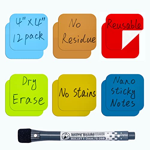 KopYoeHn Dry Erase Sticky Notes, Reusable Whiteboard, Colorful Stickers for All Smooth Surfaces, Washable, Removable, Great for Office, Home, Eco-Friendly, 4X4 inch, 12 Pack