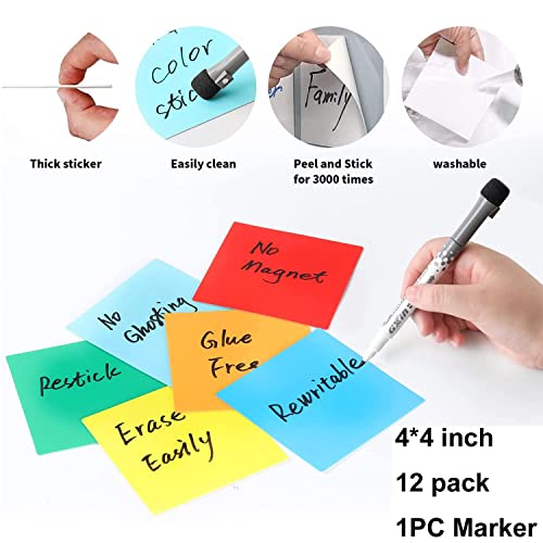 KopYoeHn Dry Erase Sticky Notes, Reusable Whiteboard, Colorful Stickers for All Smooth Surfaces, Washable, Removable, Great for Office, Home, Eco-Friendly, 4X4 inch, 12 Pack